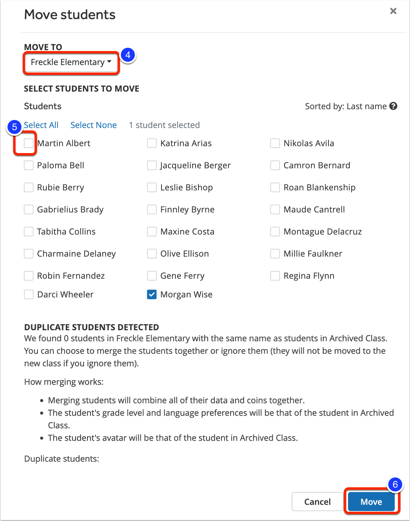 The Move To drop-down list, where you can choose a class. The students that can be moved are listed alphabetically; each has a checkbox by their name. The Move button is at the bottom.