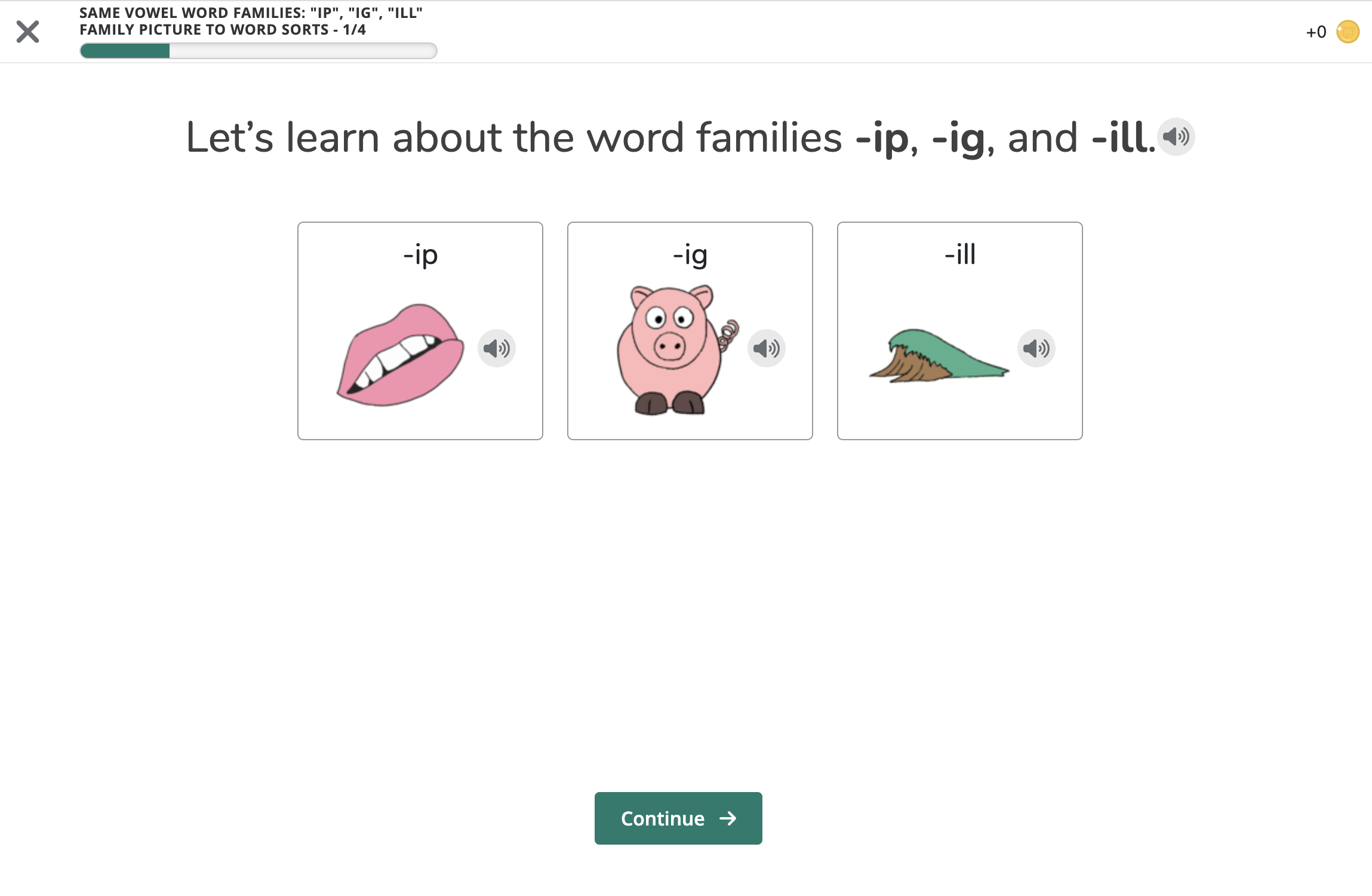 An example concept introduction activity, where the student will learn about word endings.