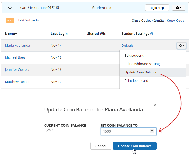 A student's coin balance is being adjusted from the Settings menu in the student roster.