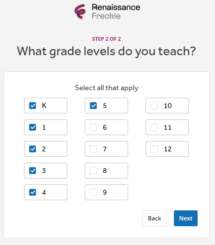 Another personalization screen, where the user chooses the grades they teach.