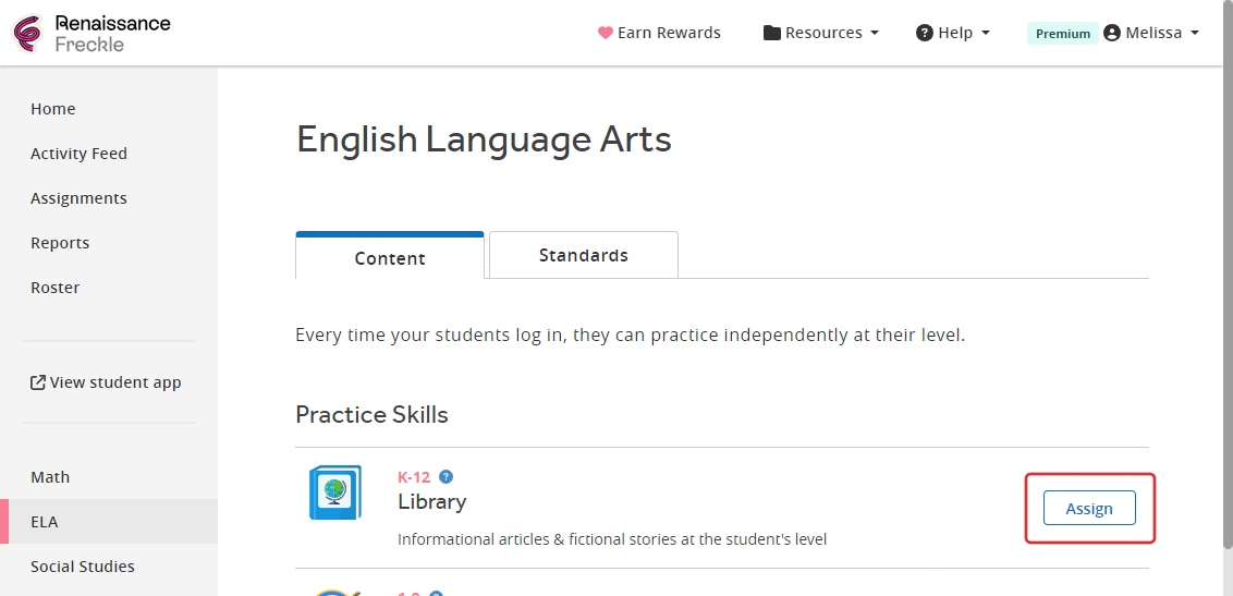 The ELA content section, with Assign selected in the Library section.