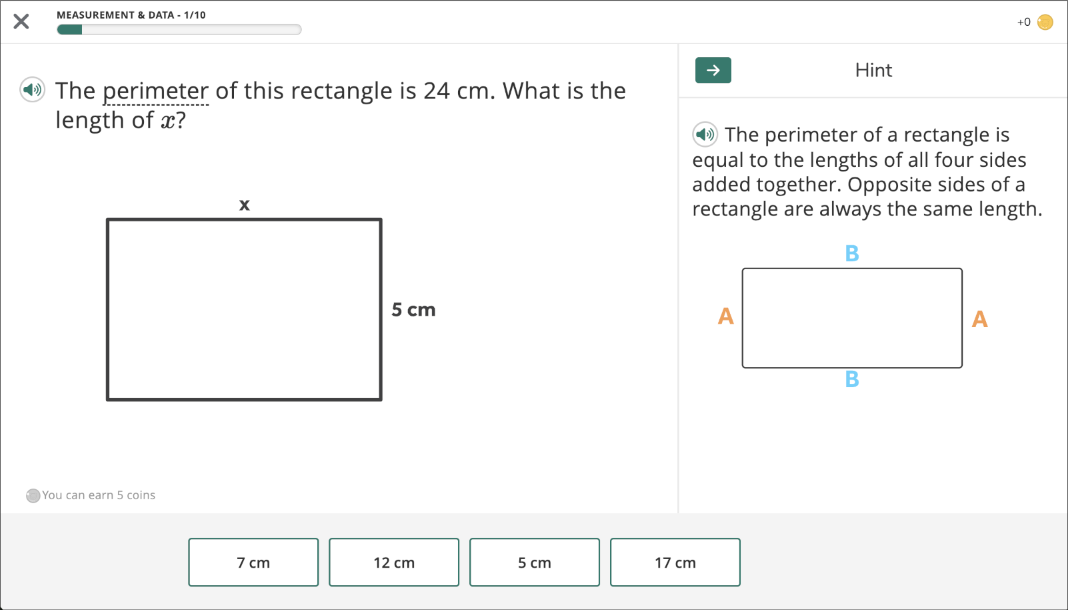 An example math problem with a hint on the right side of the window.