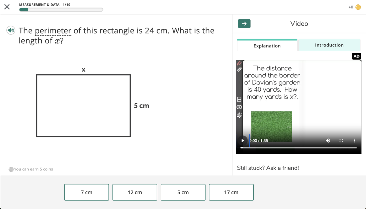 An example math problem with a video explanation on the right side of the window.