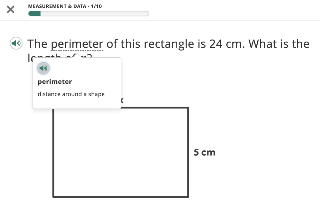 The word perimeter is being hovered on; the definition and an audio button appear in a pop-up window.
