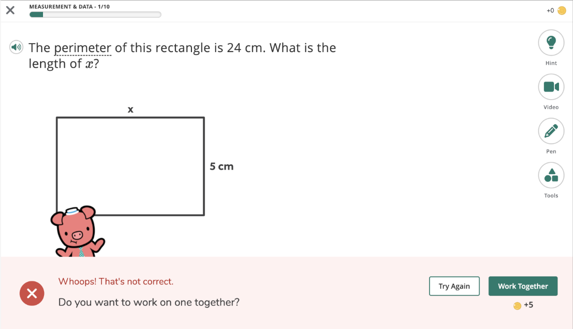 An example math problem, with a message at the bottom: Whoops! That's not correct. Do you want to work on one together? The Try Again and Work Together buttons are on the right.