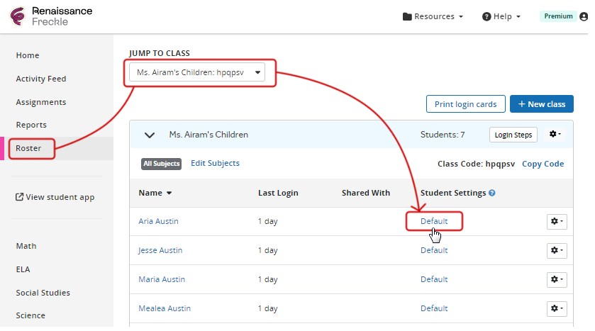 The Your Roster page, with the Default link being selected.