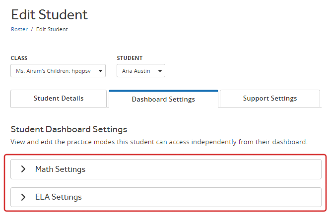 The Math Settings and ELA Settings sections, neither of them are expanded.